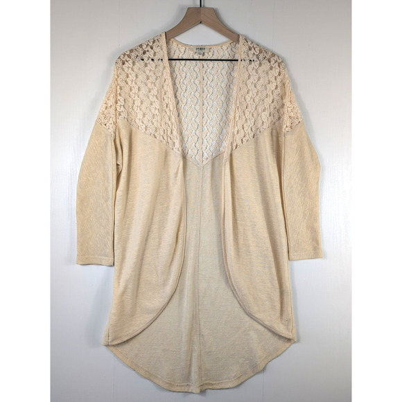 Umgee Cardigan Womens S/M Beige Sheer Crochet Lace Boho Drape Hem 3/4 Sleeve - Picture 1 of 12